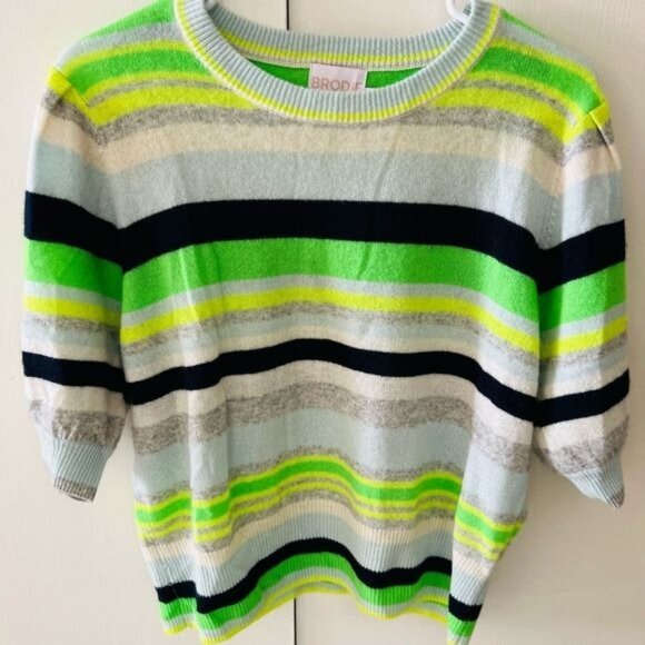 Brodie Cashmere Tops - Brodie luxurious cashmere 3/4 sleeve neon green striped soft sweater women sz  L